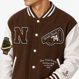 Men's Brown Varsity <b>Jacket</b> With Embroidered N Logo And Patch Preppy Style Turn-down Collar Cotton Material - Product Image 4
