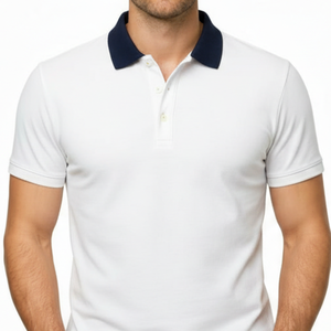 Polo classique pour homme, blanc, col contrastant marine, coupe ajustée, manches courtes, décontracté - Product Image 2