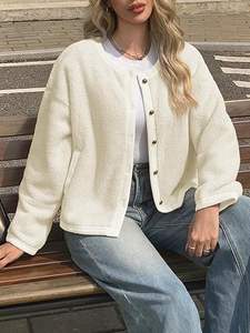 Vestes en polaire sherpa pour femmes de haute qualité, coupe courte, boutonnées, col rond, vêtements d'extérieur - Product Image 2