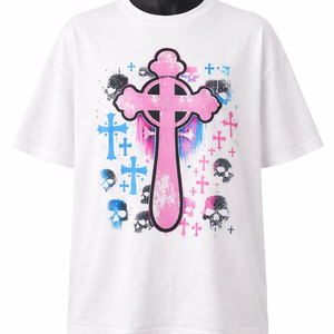 <b>Pink</b> Cross Skull Print Front Logo <b>Men's</b> Short Sleeve <b>T</b>-<b>Shirt</b> Regular Fit Street Style O-Neck Polyester Woven - Product Image 1