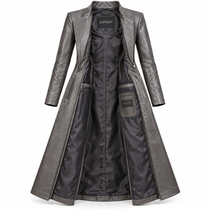 Grey <b>Leather</b> Duster Coat Pleated Flare Asymmetric Zip Trench Jacket Womens Custom Made To Order Manufacturing Service - Product Image 5