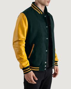 Veste universitaire en cuir vert pour homme avec manches jaunes, col rabattu, fermeture boutonnée, color block, style décontracté pour l'automne - Product Image 6