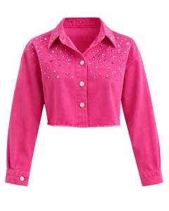 Chaqueta Vaquera Corta Rosa Personalizada para Mujer con Adornos de Pedrería y Botones, Manga Larga, Estilo Casual y a la Moda - Product Image 1