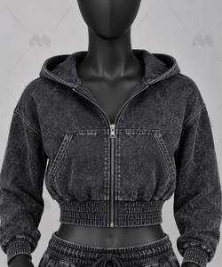Women’s Acid Wash Tracksuit Set <b>Cropped</b> Zip Up Hoodie Wide Leg <b>Pants</b> Vintage Streetwear Two Piece Set OEM Manufacturer - Product Image 4
