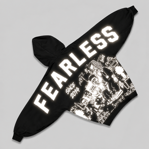 เสื้อฮู้ดสะท้อนแสงพิมพ์ลาย Fearless 2014 รุ่นโอเวอร์ไซส์สำหรับผู้ชาย สไตล์สตรีทแวร์ สีดำ ผ้าถัก ปรับแต่งได้ตามสั่ง ODM - Product Image 1