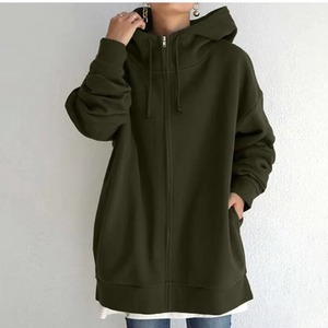 Sweat-shirt à capuche zippé surdimensionné pour femme, couleur unie, manches longues, tissé 100% coton respirant, streetwear d'hiver - Product Image 1