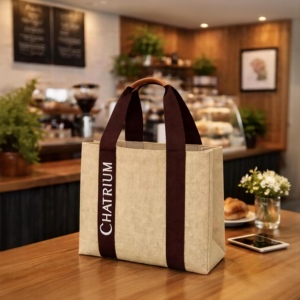 CHATRIUM Burlap Shopping Tote Bag Medium Size Hand Length Handle Letter Pattern Eco Friendly Grocery Carrier - Product Image 1