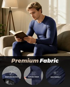 <b>Men</b> <b>Thermal</b> Underwear Set Long Sleeve Crew Neck Solid Navy Blue 2-Piece Winter Base Layer Keep Warm Knitted Cotton Spandex - Product Image 6