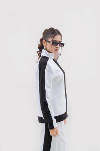 Custom Womens <b>White</b> Black Tracksuit Full Zip Jacket Wide Leg Pants Athletic Sportswear Training Jogging Matching <b>Set</b> - Product Image 4