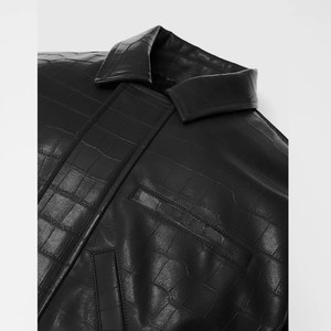 Chaqueta Bomber Negra de PU con Patrón de Cocodrilo en Relieve, Manga Farol, Cuello Alto, Cierre de Cremallera, Corta, Estilo Moto Unisex - Product Image 5