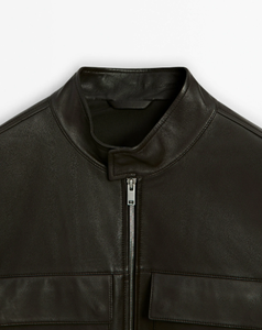Blouson moto en cuir de vachette pour homme grande taille, col montant, fermeture éclair, noir uni, streetwear d'automne - Product Image 4