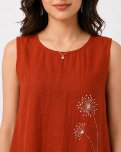 Top Rojo sin Mangas para Mujer, Tejido, con Bordado Floral, Cuello Redondo, Estilo Casual, Primavera - Product Image 4