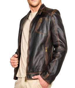 Men's Genuine Leather Moto <b>Jacket</b> Slim Fit Zipper Closure Turn-down Collar Autumn Wear Distressed Biker Style <b>Western</b> <b>Jacket</b> - Product Image 3