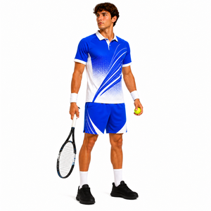 Ensemble de t-shirt et short de tennis pour homme, coupe personnalisée, bleu et blanc, imprimé par sublimation, respirant, taille élastique, sport d'été - Product Image 3