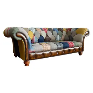 Лидер продаж, диван из ткани и кожи в стиле Честерфилд, 3 места, многоцветный диван для гостиной, диван, набор из ткани, тафтинговые сиденья