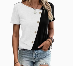 T-shirt décontracté à manches courtes et col rond pour femme, avec boutons sur le devant - Product Image 4