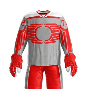 Ensemble d'uniformes de hockey sur glace personnalisés par sublimation, rouge et gris, pour joueur adulte, maillot sans manches col en V, pantalon en maille respirante - Product Image 4