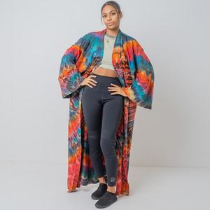 2025 nouveau produit main cravate teinture Kimono veste vacances Boho coupe ample veste vêtements de plage couvrir vacances d'été femmes Kimono Robe - Product Image 1