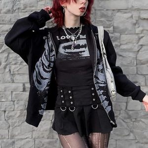 Sudadera con capucha negra con cremallera completa, estampado gráfico personalizado de invierno, estilo Y2K vintage con estampado de huesos de esqueleto, oversize unisex, estilo streetwear - Product Image 6