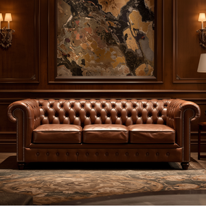 Sofá Chesterfield de Cuero Marrón de 3 Plazas, Fabricante de Fábrica, Sofá Acolchado para Sala de Estar, Vestíbulo de Hotel, Venta al Por Mayor, Exportación - Product Image 1