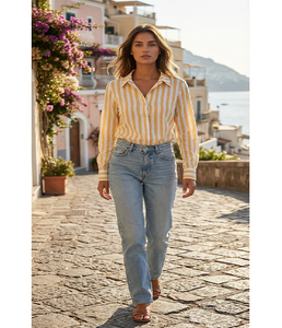 Fashion Striped Cotton Slub Shirt Women <b>Tie</b> <b>Back</b> Design Casual Summer Top Lightweight Breathable Daily Wear Wholesale Supply - Product Image 1