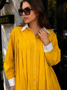 Vestido Camisero de Popelina de Algodón Tejido para Mujer, con Mangas Abullonadas, Logotipo Frontal, Diseño Plisado, Estilo Casual, Holgado, para Primavera/Verano - Product Image 2