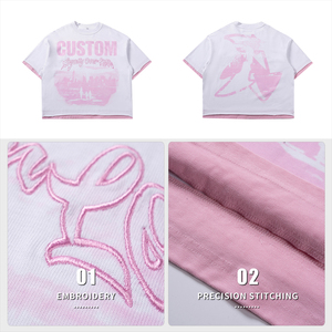 Camiseta de Manga Corta Oversize para Hombre, Blanca con Estampado Gráfico Rosa, Cuello Redondo, Ribete en Contraste, Estilo Urbano - Product Image 6