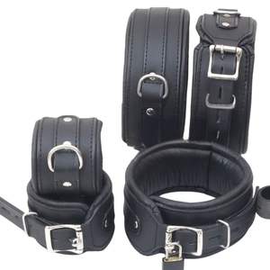 Juego de esposas de cuero genuino con correas para muñecas, tobillos y cuello para juegos de bondage BDSM - Product Image 1