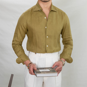 เสื้อเชิ้ตผู้ชายสีน้ำตาลล้วน แขนสั้น คอตั้ง ผ้าลินินป๊อปลิน 100% สวมใส่สบาย ระบายอากาศได้ดี น้ำหนัก 120 กรัม พิมพ์ลายดิจิทัล - Product Image 2