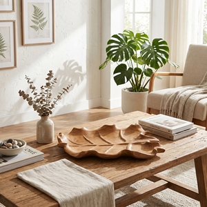 Nuevo Plato Decorativo Minimalista Moderno de Madera de Teca Tallada a Mano con Hoja Tropical, Ecológico, Apto para Lavavajillas, para el Hogar - Product Image 5