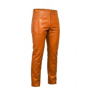 <b>Men's</b> Tan Leather Straight Leg Pants Mid Waist Button Fly Casual Autumn Wear - Product Image 1