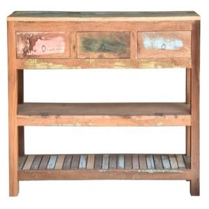 <b>Rustic</b> Antique Reclaimed Solid <b>Wood</b> Console <b>Table</b> with 3 Drawers and Storage Shelves Marwar Exports From Rajasthan - Product Image 4