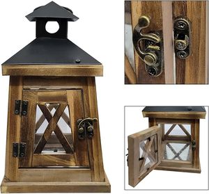 Farol de Madera Rústico, Portavelas Decorativo Estilo Granja con Tapa de Metal y Paneles de Vidrio - Product Image 6