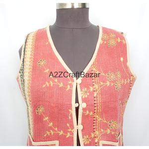 100% Cotton Breathable Printed Logo <b>Kantha</b> Quilted V-neck Women's Handmade Unique Spring Summer Autumn Winter Sleeveless Vest - Product Image 2