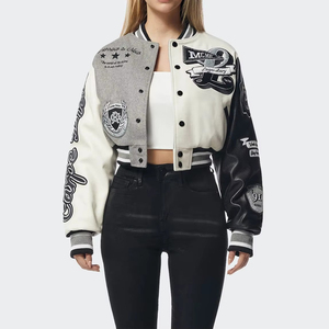 Chaqueta Varsity Corta de Diseño de Lujo para Mujer, Estilo Urbano, Cuerpo de Lana, Mangas de Cuero, Chaqueta Bomber Corta, Chaqueta Varsity de Béisbol para Mujer - Product Image 1