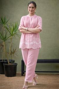 Ensemble Kurta et pantalon en coton rose brodé pour femme, coupe ample, longueur cheville, style décontracté Inde Pakistan, été - Product Image 2