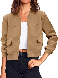 Chaqueta Bomber Caqui para Mujer, Color Sólido, Cuello Alto, Manga Larga, Cierre de Botones, Corte Recortado, Prenda Exterior Informal, Tejido de Poliéster - Product Image 2