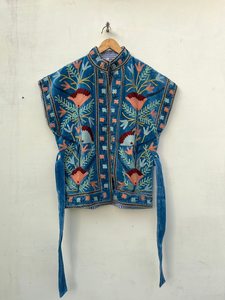 Blue Embroidered Suzani Velvet Short Jacket Statement Outerwear Coat Velvet Blazer Unisex Jacket Gift For <b>Wife</b> Bridal Jacket - Product Image 5