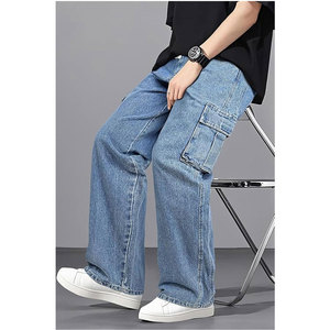 กางเกงยีนส์ทรงหลวมสำหรับผู้ชาย เอวยางยืด มีเชือกผูก เอวสม็อค สไตล์ลำลอง สตรีทแวร์ แฟชั่นทรงหลวม ใส่สบาย ผ้าฝ้ายผสมเดนิม - Product Image 2