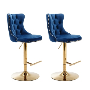 Modern <b>Adjustable</b> Bar <b>Stool</b> Blue Velvet Tufted Seat Gold Metal Legs Base Swivel <b>Height</b> <b>Adjustable</b> Luxury Contemporary Commercial - Product Image 1
