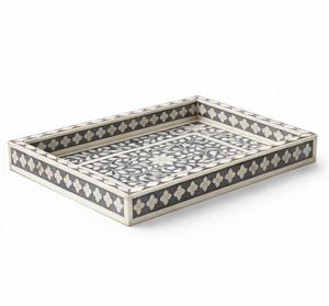 Plateau rectangulaire en MDF et résine avec incrustation d'os, bordure géométrique florale, fait main, écologique, pour service, fournisseur en gros - Product Image 6