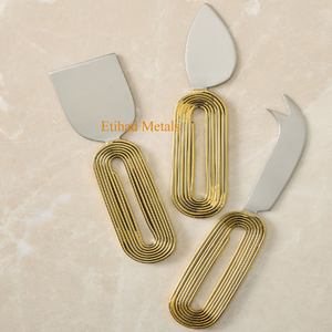 Ensemble de 3 couteaux à fromage en laiton antique martelé, couteaux à fromage en acier inoxydable, finition champagne doré mat - Product Image 4