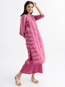 Pink Striped Dot A-Line Midi <b>Dress</b> With <b>Short</b> Sleeves Crew Neck Loose Fit Casual <b>Summer</b> Wear Woven Cotton Fabric Beautiful - Product Image 3