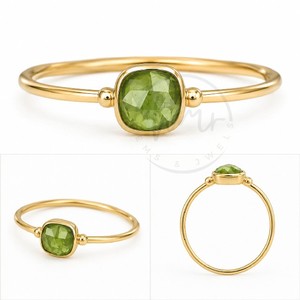 Bague classique en laiton plaqué or avec pierre précieuse péridot vert, sertie en clos, taille coussin facettée, coupe rose, naturelle, fine, pour femme - Product Image 2