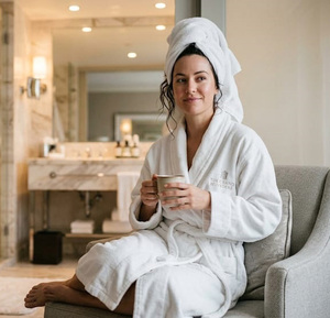 ชุดคลุมอาบน้ำพรีเมียมสีขาวแบบโรงแรม ผ้าคอตตอน 100% พร้อมรองเท้าแตะ  สำหรับทุกเพศ พร้อมโลโก้ - Product Image 3