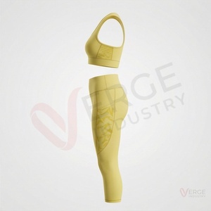 <b>Women</b> Yellow <b>Seamless</b> Yoga Set 2 Piece Racerback Crop Top High Waist Calf Length <b>Leggings</b> - Product Image 3