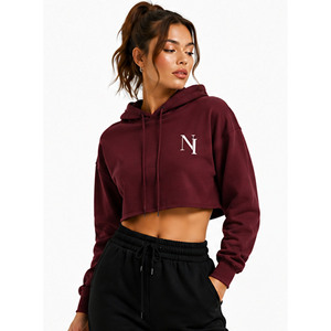 Women Cropped Hoodie <b>Maroon</b> Solid Color Long Sleeve Hooded Sweatshirt Casual Autumn Wear Embroidered Design Sweatshirt - Product Image 2