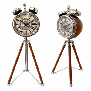 Circular Wooden Tripod Alarm <b>Clock</b> with Chrome Bells and Roman Numerals Traditional Design <b>Battery</b> Operated Snooze Function - Product Image 1