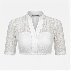 North Approach <b>White</b> <b>Lace</b> Crop Top Stand Collar Three Quarter Sleeve Button Front Geometric Pattern Breathable Women's Fashion - Product Image 1