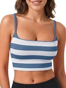 Meilleur débardeur court côtelé rayé pour femme, sans manches, col carré, extensible, pour fitness, yoga, décontracté, prêt à être expédié - Product Image 1